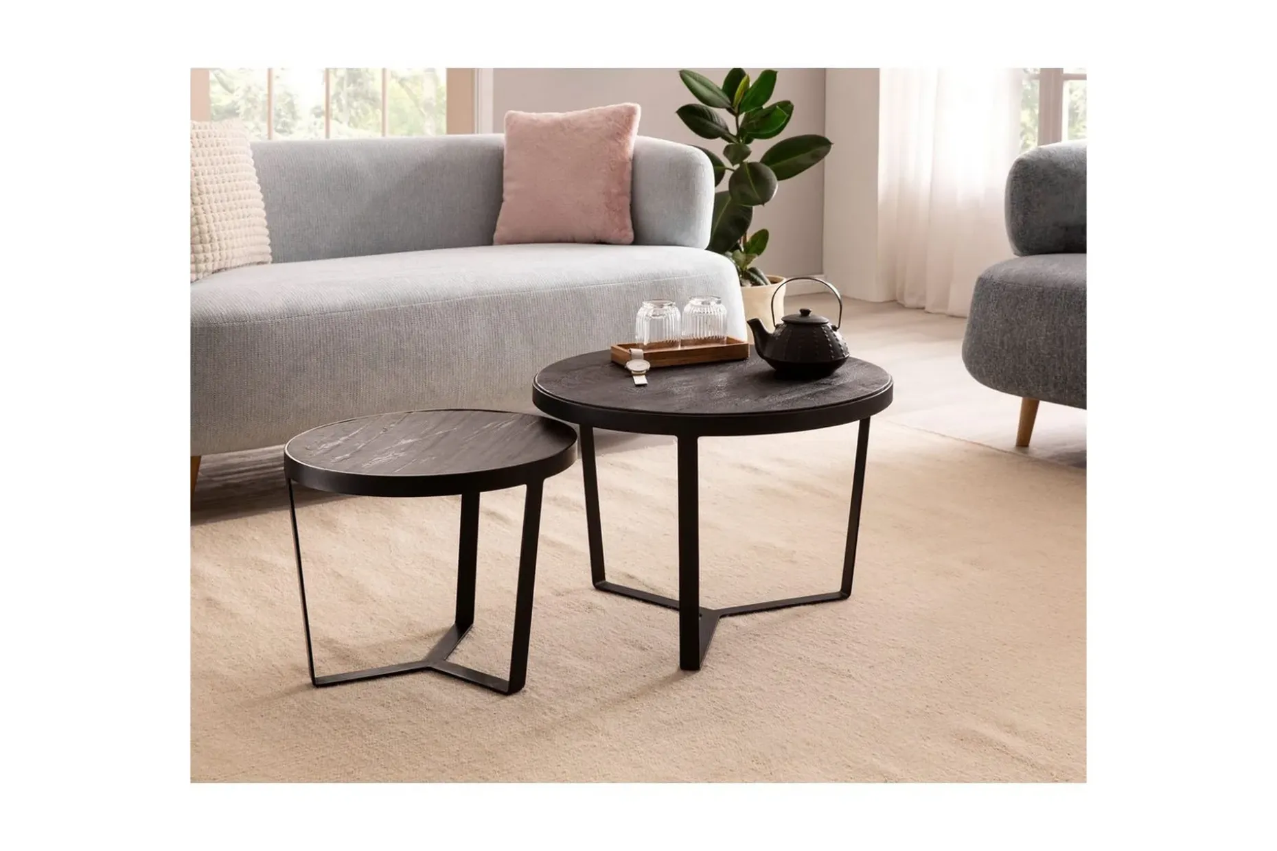 Sofabord Wohnling Sett med 2 runde i heltre og steinoptikk, design metallbase, landlig stil Svart, svart