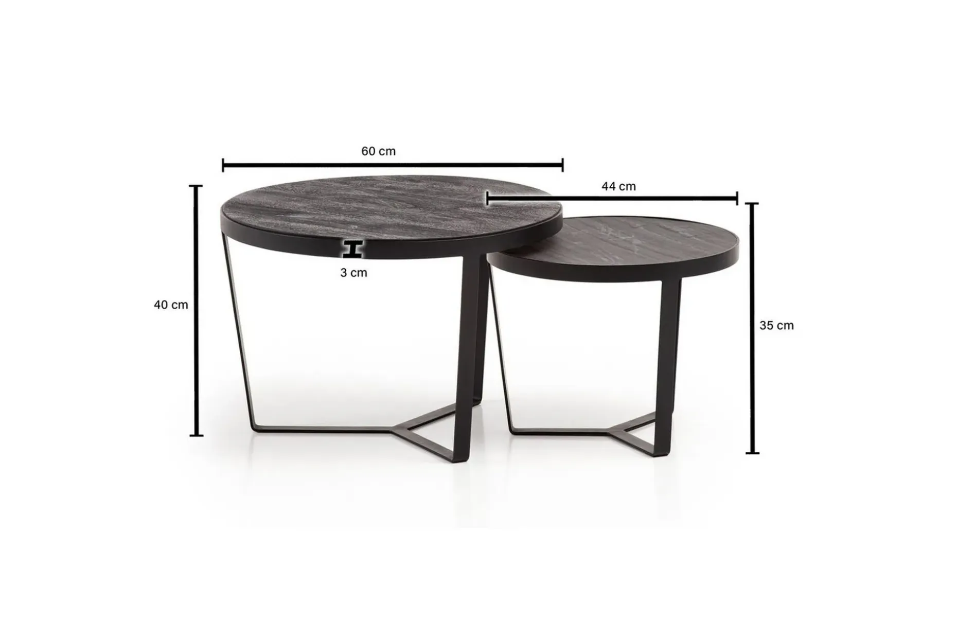 Sofabord Wohnling Sett med 2 runde i heltre og steinoptikk, design metallbase, landlig stil Svart, svart
