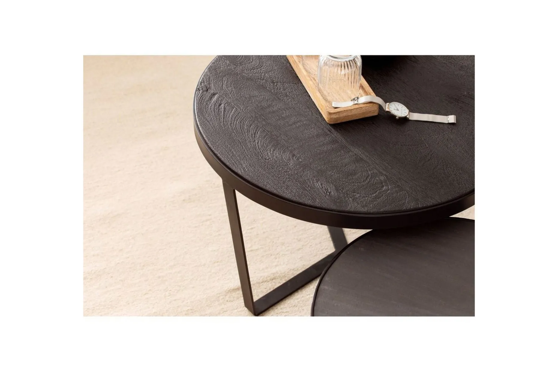 Sofabord Wohnling Sett med 2 runde i heltre og steinoptikk, design metallbase, landlig stil Svart, svart