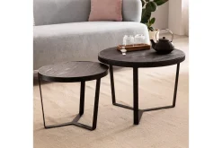 Sofabord Wohnling Sett med 2 runde i heltre og steinoptikk, design metallbase, landlig stil Svart, svart