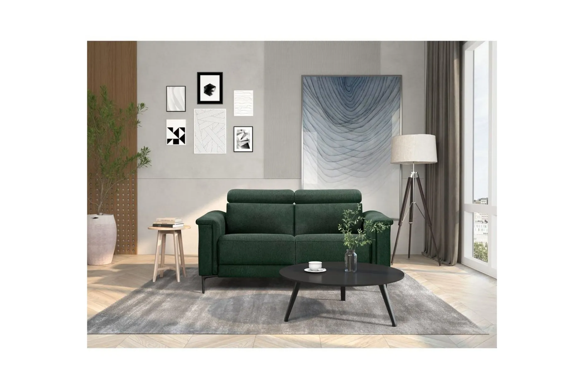Sofa 2-seter Lund Mørk grønn, Belfast-stoff, Manuell hvilestol