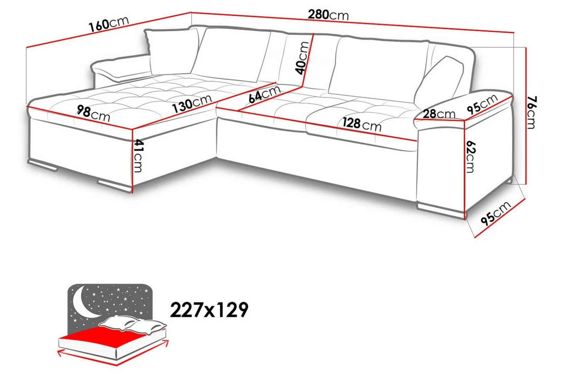 Sovesofa 3-seters L-formet 280x160 cm Venstre