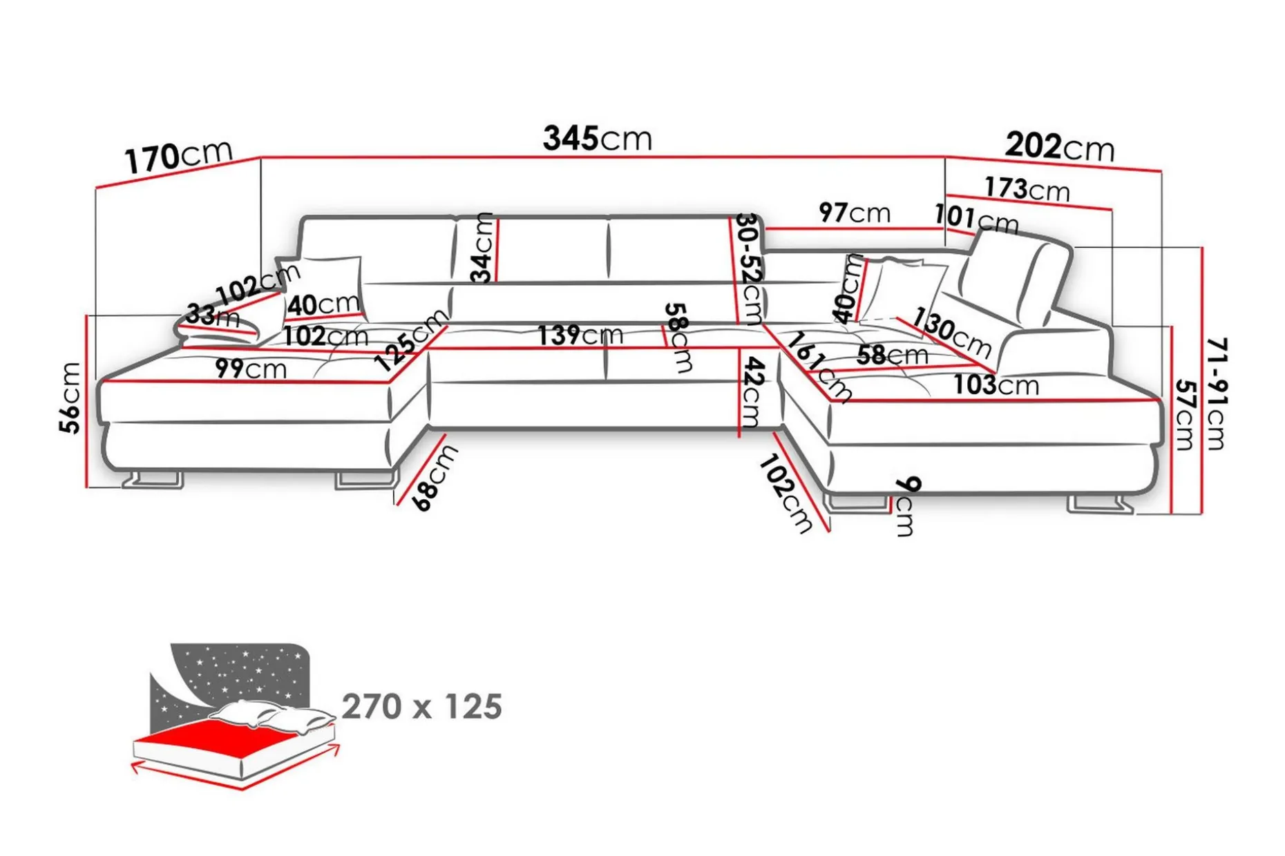 Sovesofa 4-seters U-formet 345x202 cm Høyre