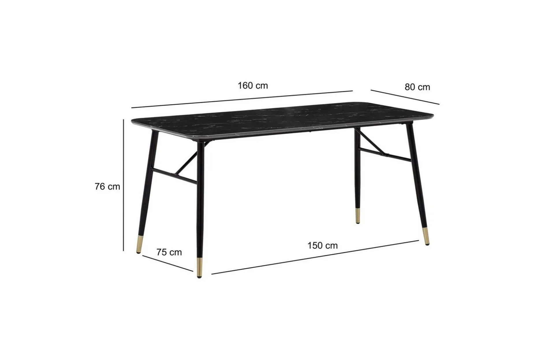 Spisebord Wohnling Moderne stil MDF med metallben med gulldetaljer Marmor, Svart, 160x80 cm