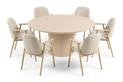 Spisegruppe Bark Kopparbo rundt spisebord 180 cm hvitlasert med 6 Reciclar spisestoler Lys eik|Beige