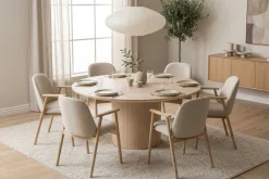 Spisegruppe Bark Kopparbo rundt spisebord 180 cm hvitlasert med 6 Reciclar spisestoler Lys eik|Beige