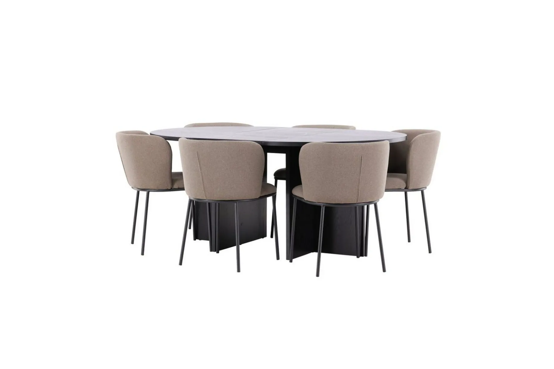 Spisegruppe Strada Rundt 120/170 cm Svart med Edina Stoler 6 stk, Svart / Brun