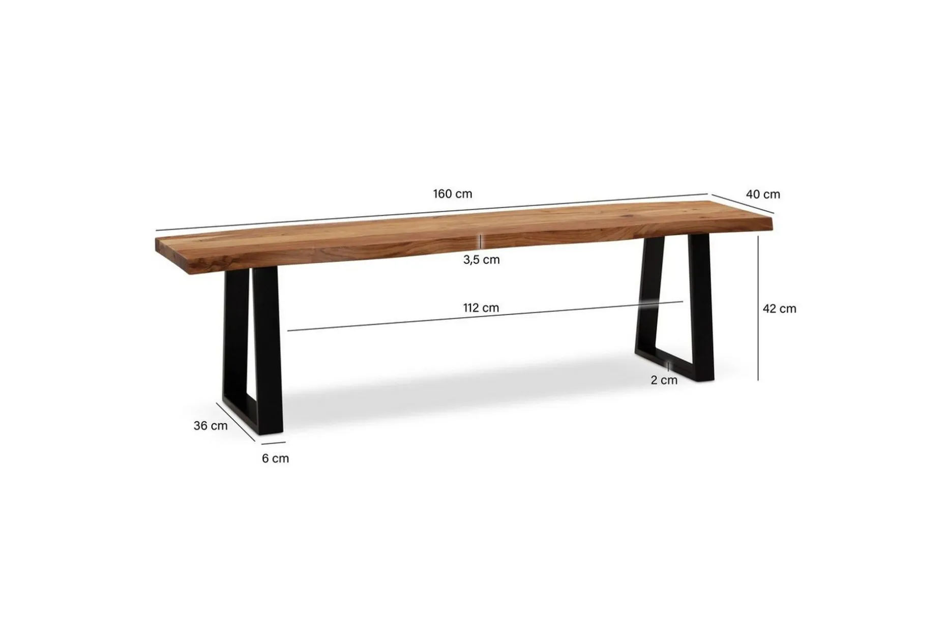 Spisestuebenk Wohnling Massivt tre med metallben trekant landlig stil Svart, Rett, 160 cm