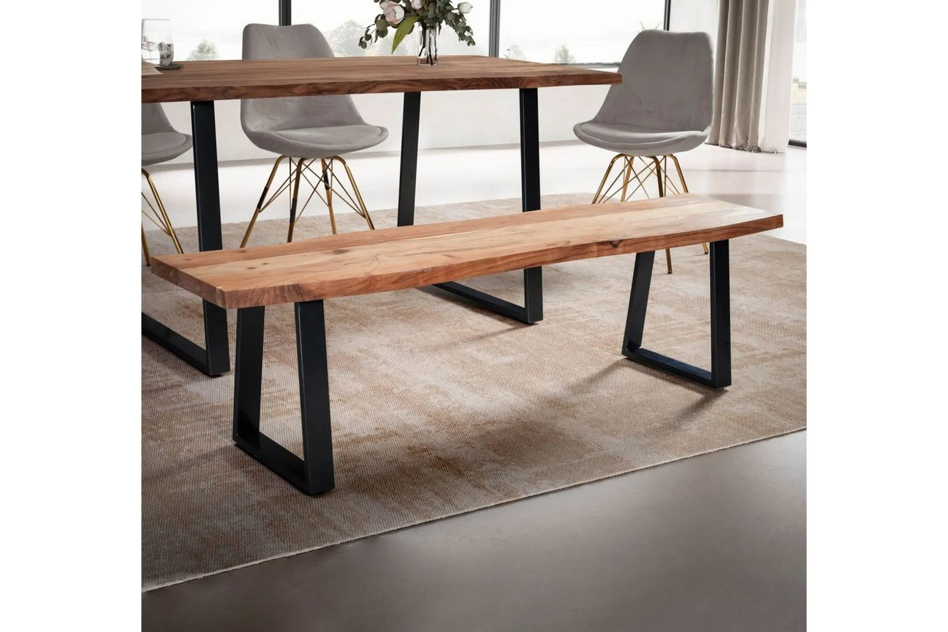 Spisestuebenk Wohnling Massivt tre med metallben trekant landlig stil Svart, Rett, 180 cm