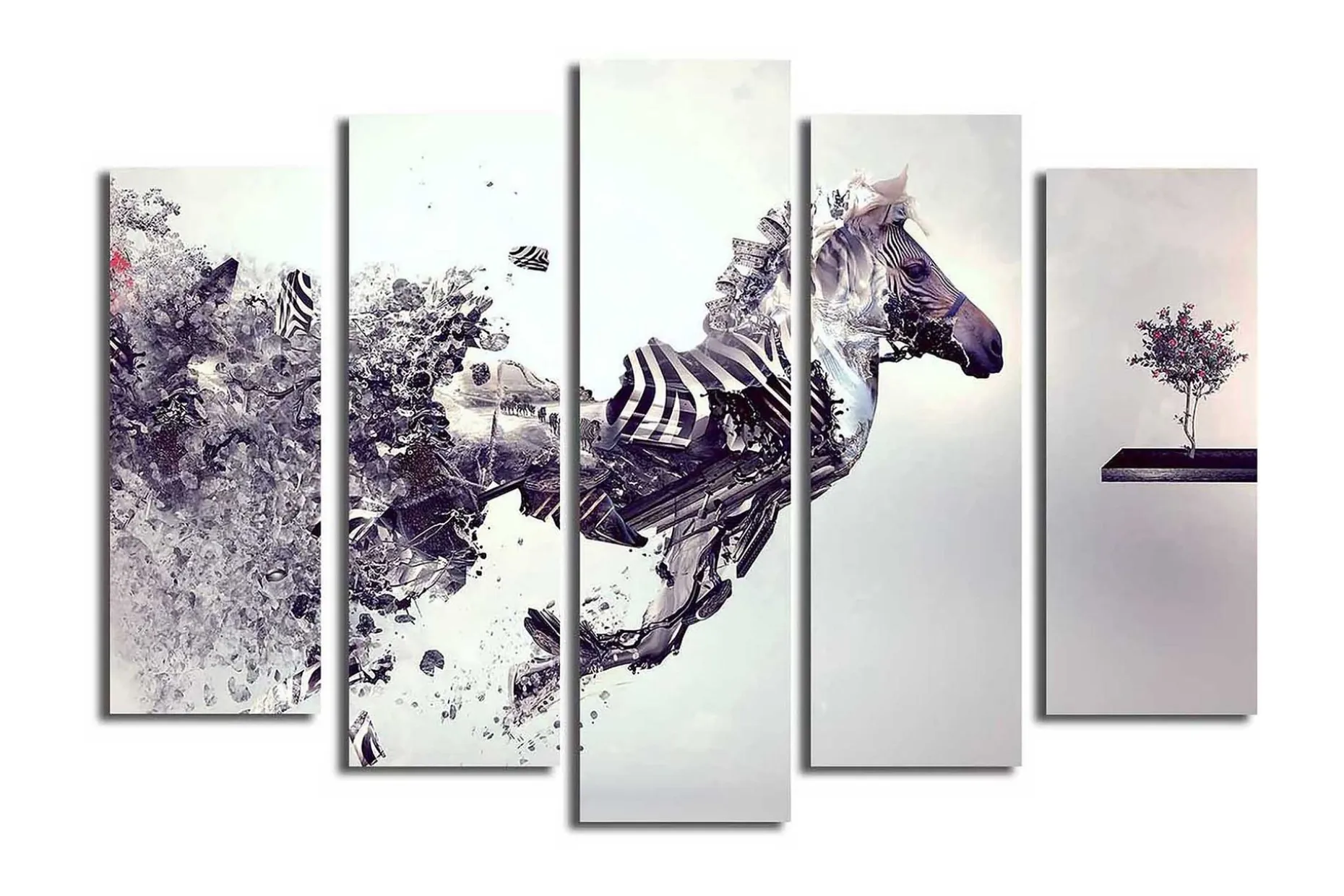 Stort lerretsbilde i 5 deler 105x70 cm - Dynamisk hest i bevegelse med fragmentert struktur