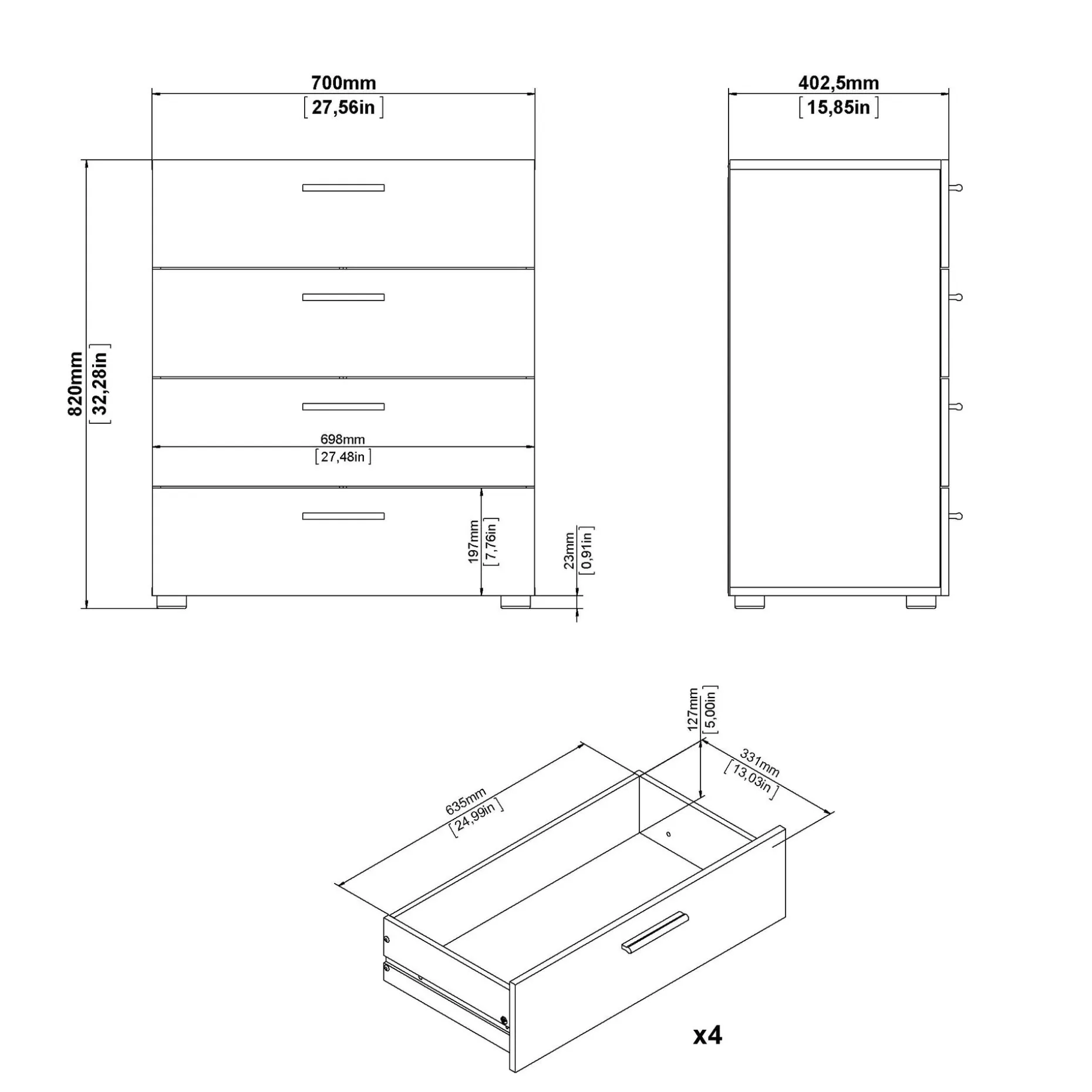 Suntia Kommode med 4 skuffer 70x40x82 cm