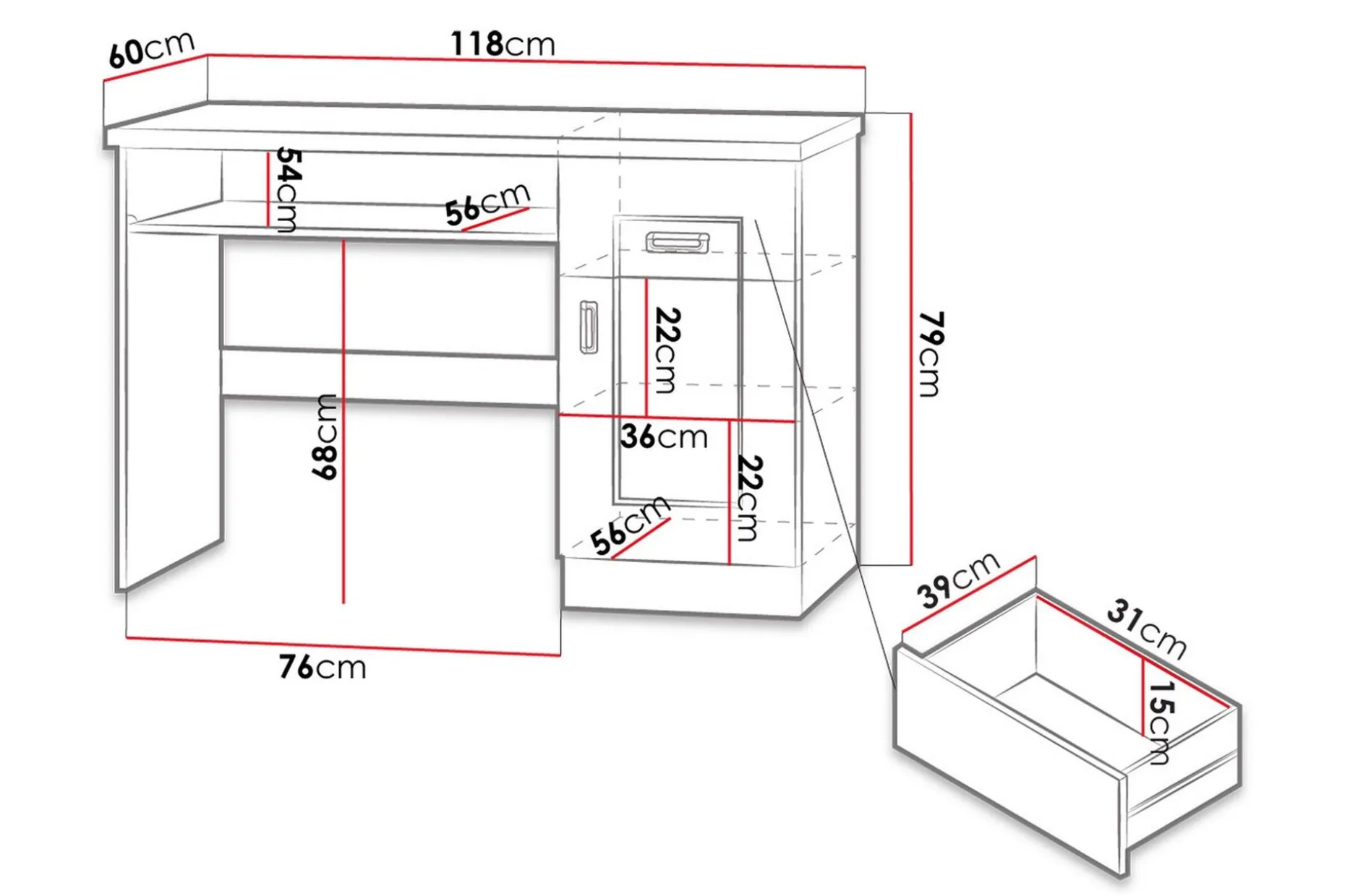 Tadeusz Skrivebord 118 cm med Oppbevaring Skuffer+Hylle+Skap