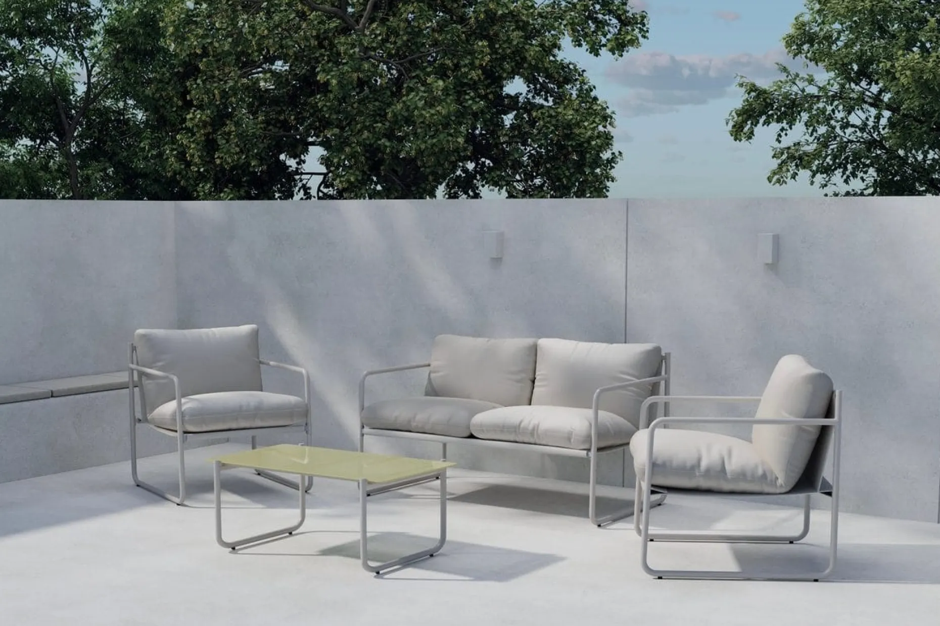 Thassos sofagruppe 2-seters sofa + 2 lenestoler med bord utendørs