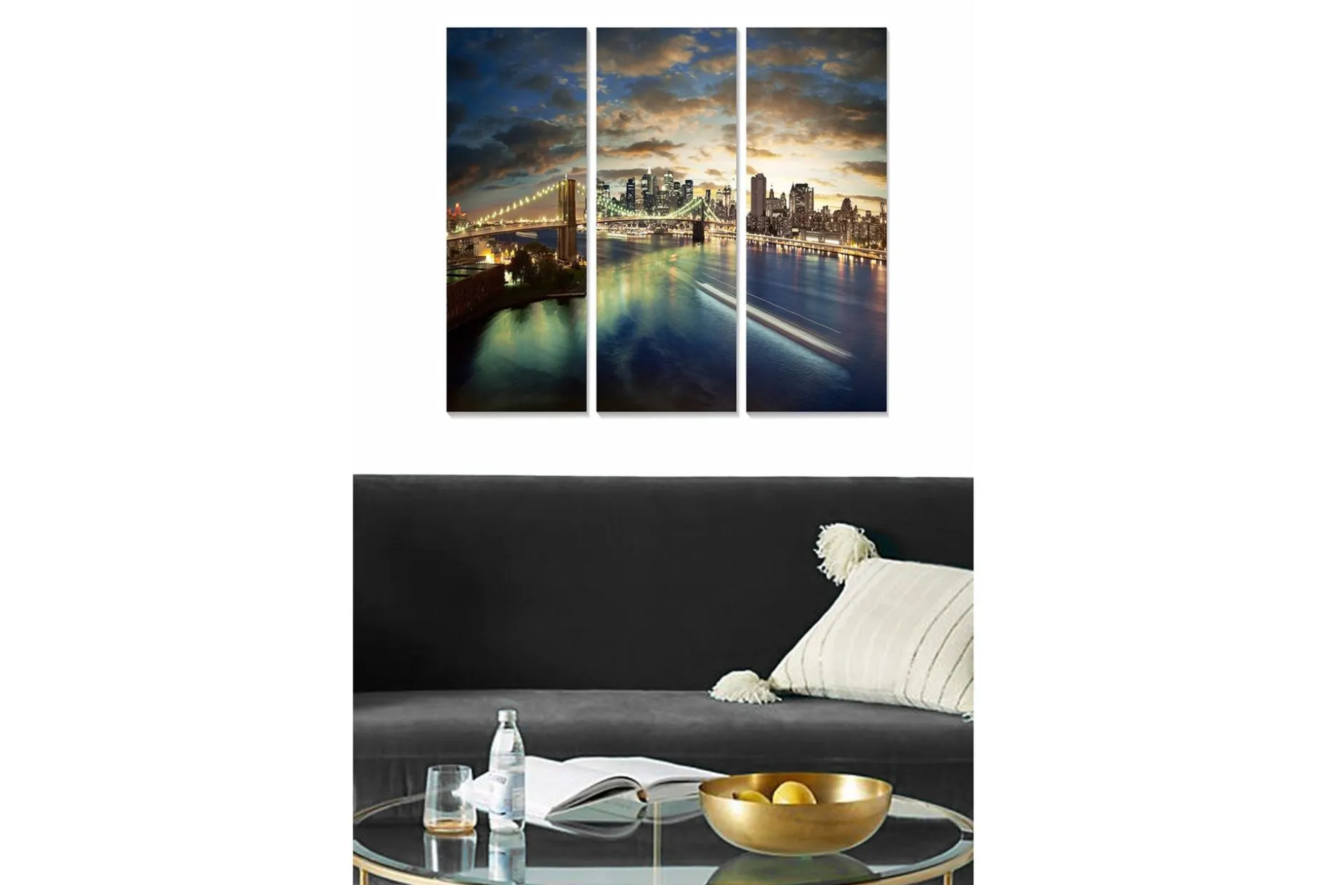 Trelerretsbilde 3-delt 50x70 cm - Bysilhuett ved solnedgang med bro og refleksjoner i vannet