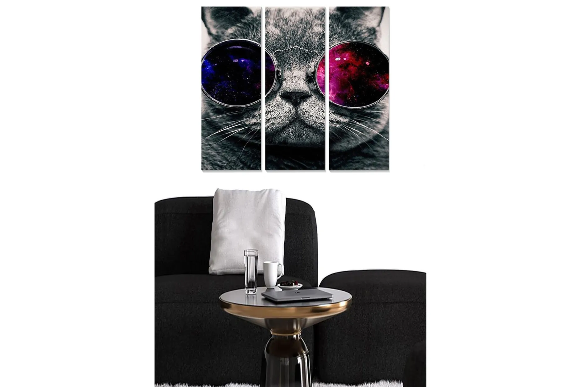 Trelerretsbilde 3-delt 50x70 cm - Grå katt med store solbriller som reflekterer en galakse