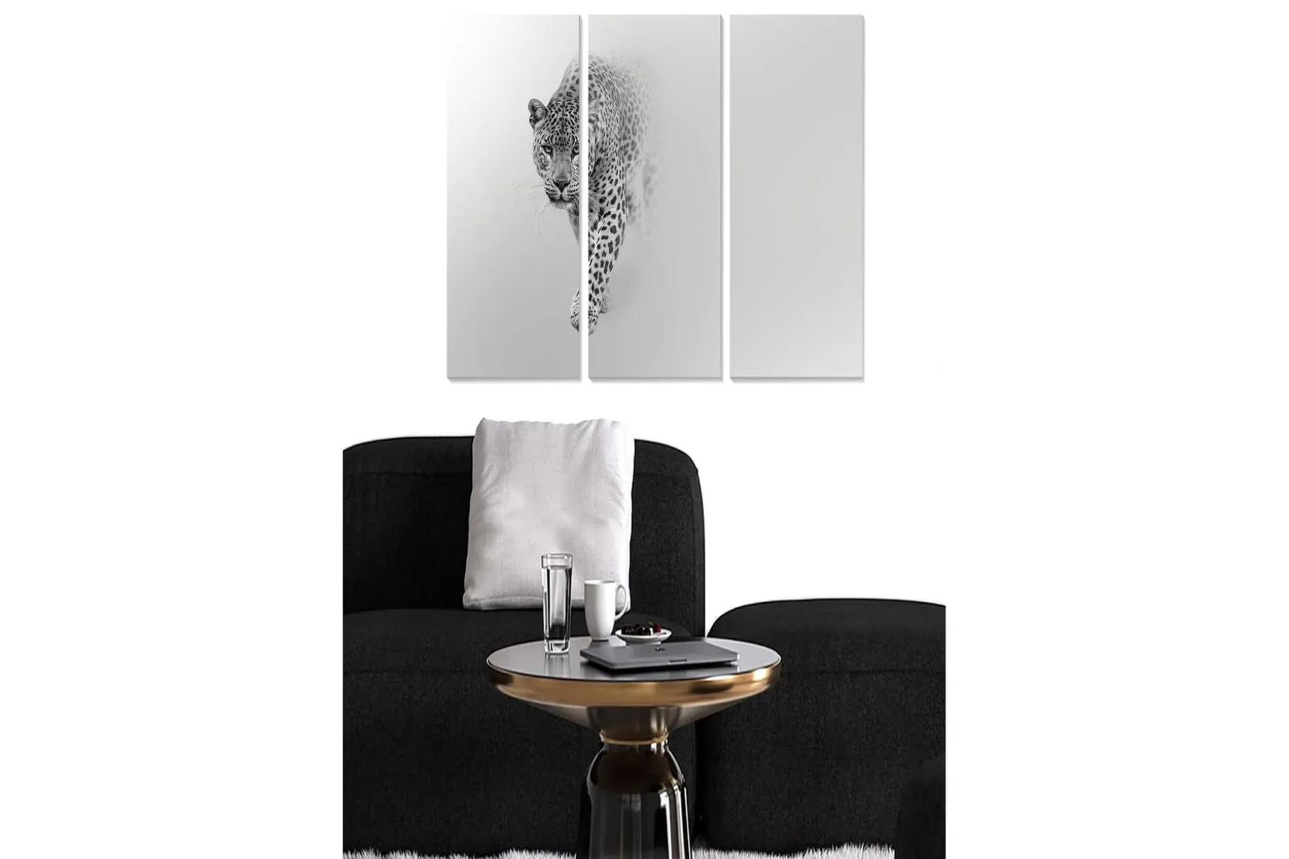 Trelerretsbilde 3-delt 50x70 cm - Svart og hvit leopard i bevegelse