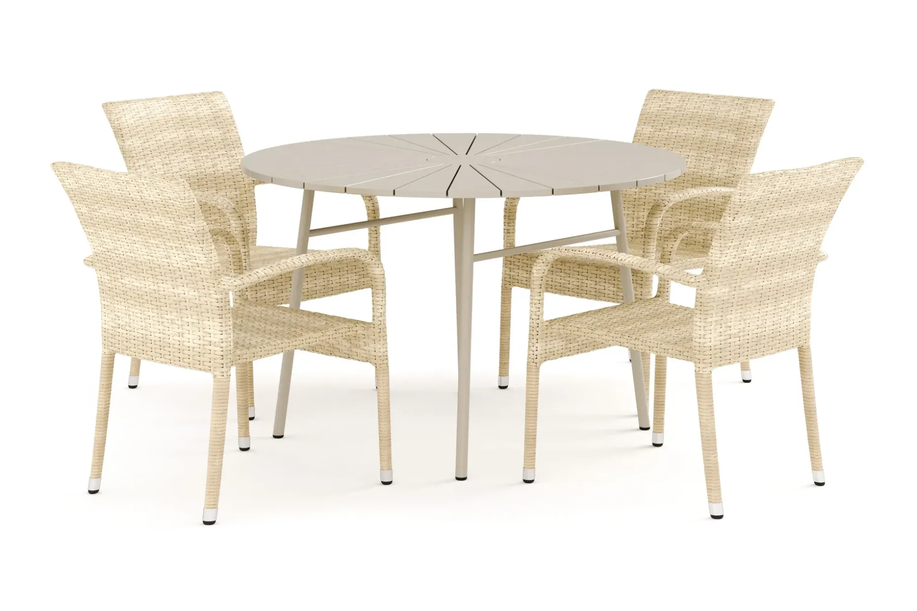 Tunis utendørs rund spisegruppe 120 cm med 4 Thor Light utelenestoler