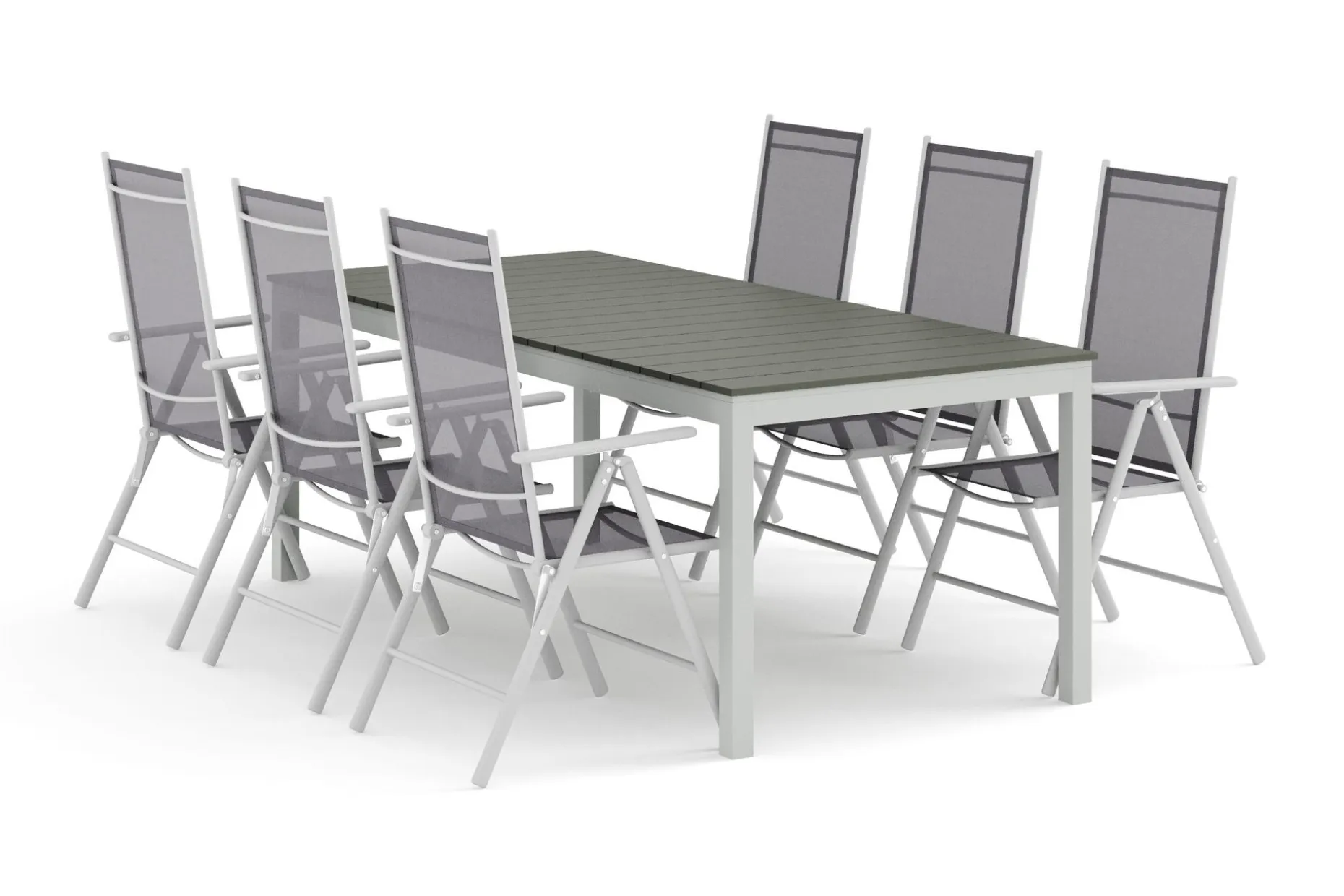 Tunis utendørs spisegruppe, uttrekkbar 205/305x90 cm med 6 Maggie regulerbare stoler