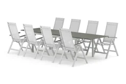 Tunis utendørs spisegruppe uttrekkbar 205/305x90 cm med 8 Monaco Light regulerbare stoler