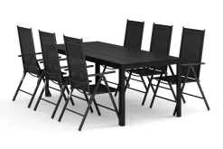 Tunis utendørs spisegruppe 205x90 cm med 6 Maggie regulerbare stoler