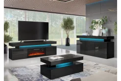 TV-benk Glenndale med oppbevaring + LED-kamin + Belysning 190 cm