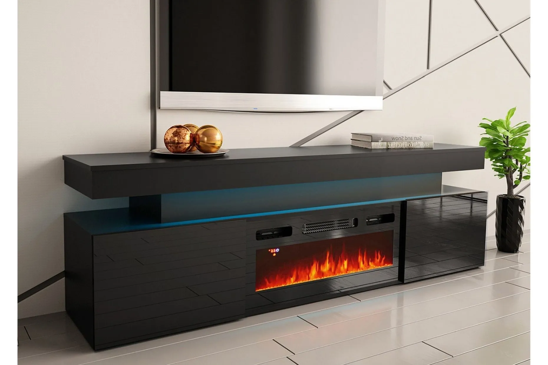 TV-benk Glenndale med oppbevaring + LED-kamin + Belysning 190 cm