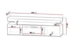 TV-benk Glenndale med oppbevaring + LED-kamin + Belysning 190 cm