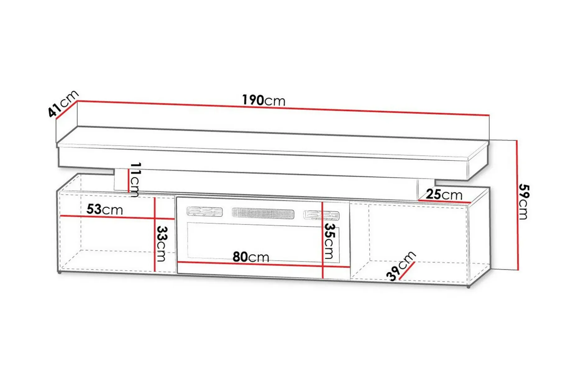 TV-benk Glenndale med oppbevaring + LED-kamin + Belysning 190 cm