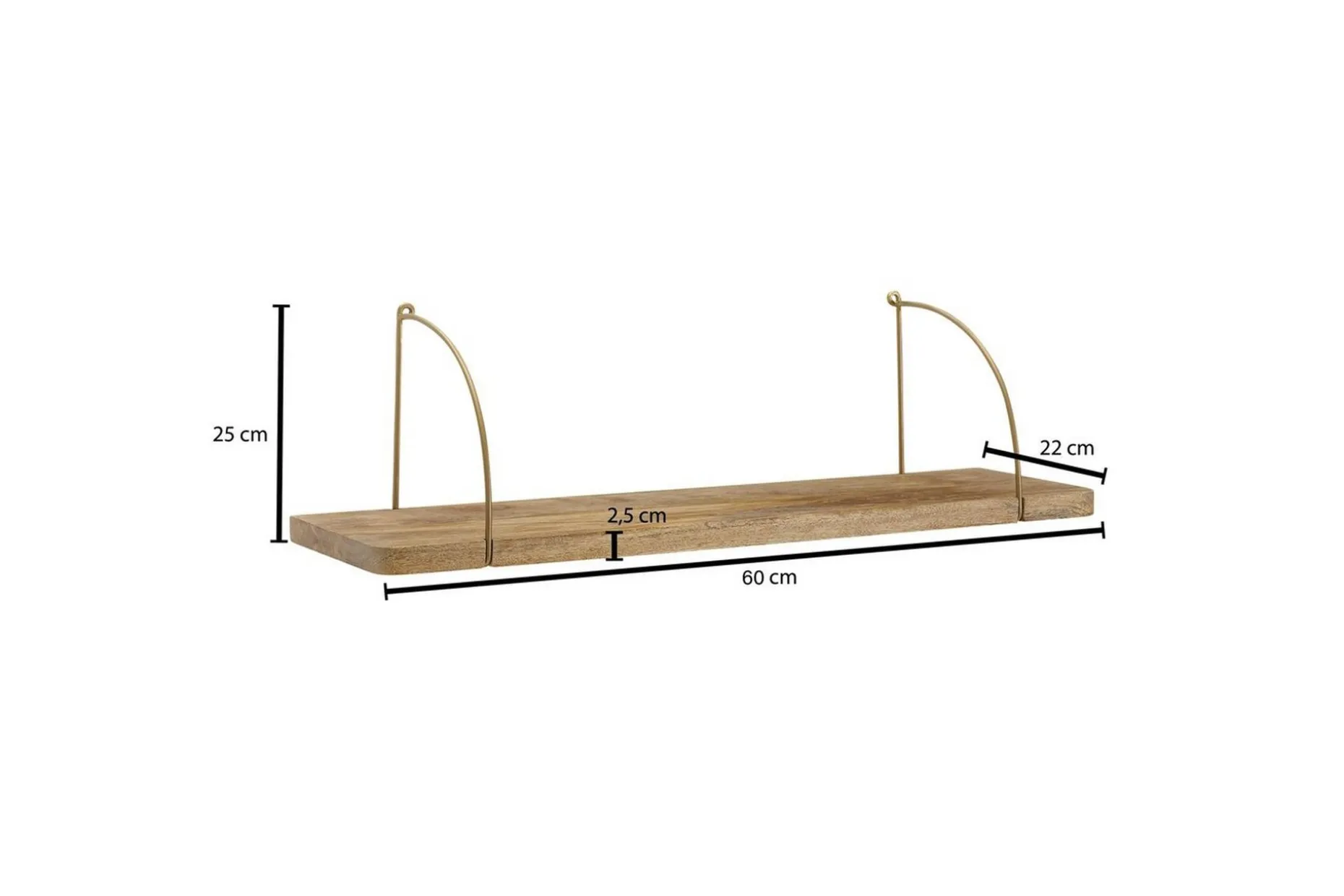 Vegghylle Wohnling massivt tre, metall hylle for oppheng, industriell loftstil 60 cm