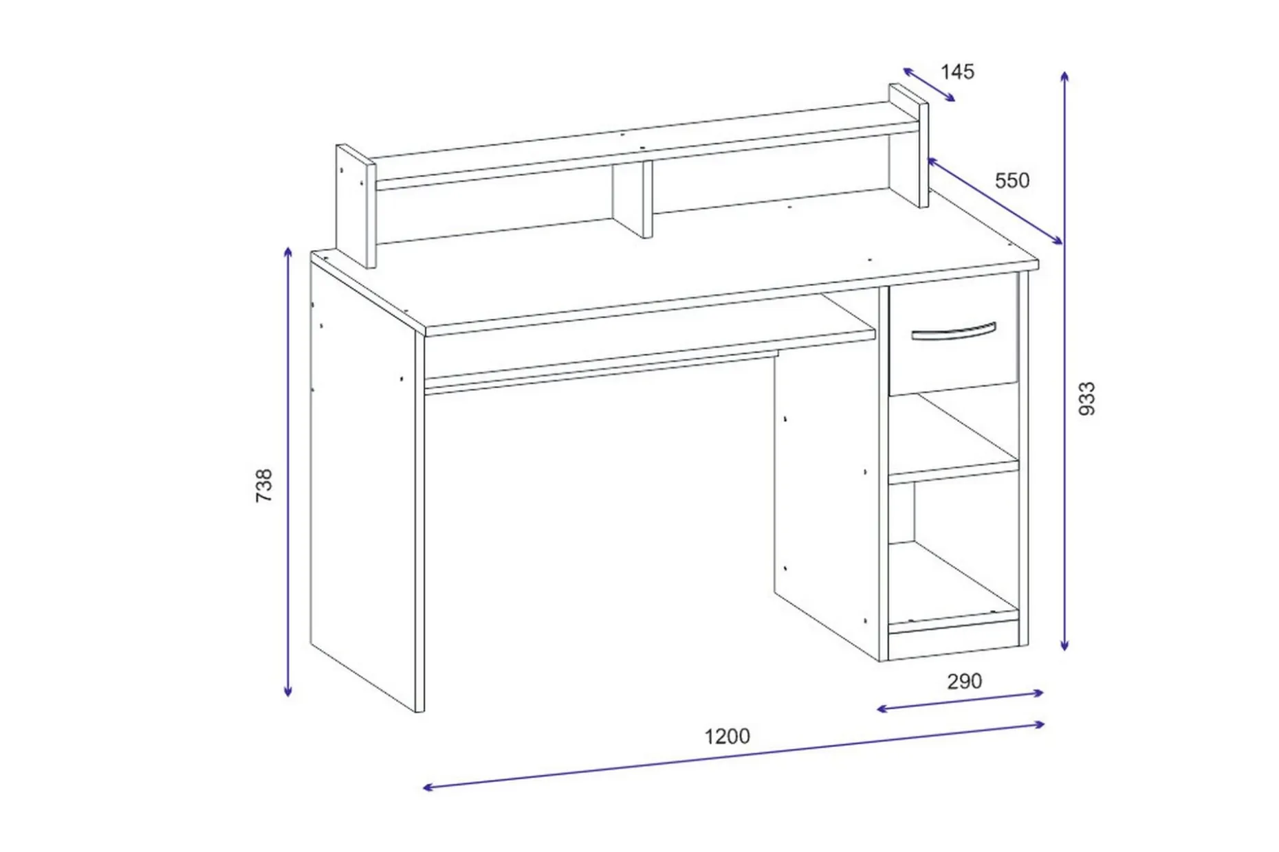 Yemisen Skrivebord 120 cm med Oppbevaringsskuff + Hyller